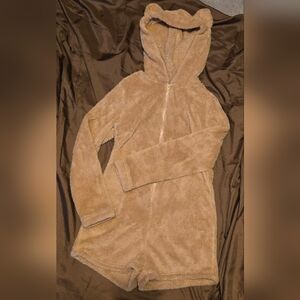 Teddy Bear Hooded Romper Fleece One Piece Pajamas Cozy Zip Up Brown M